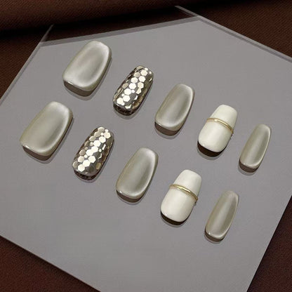 Glitter Cat Eye Milky White 3D Line Nail Art Press On Nails