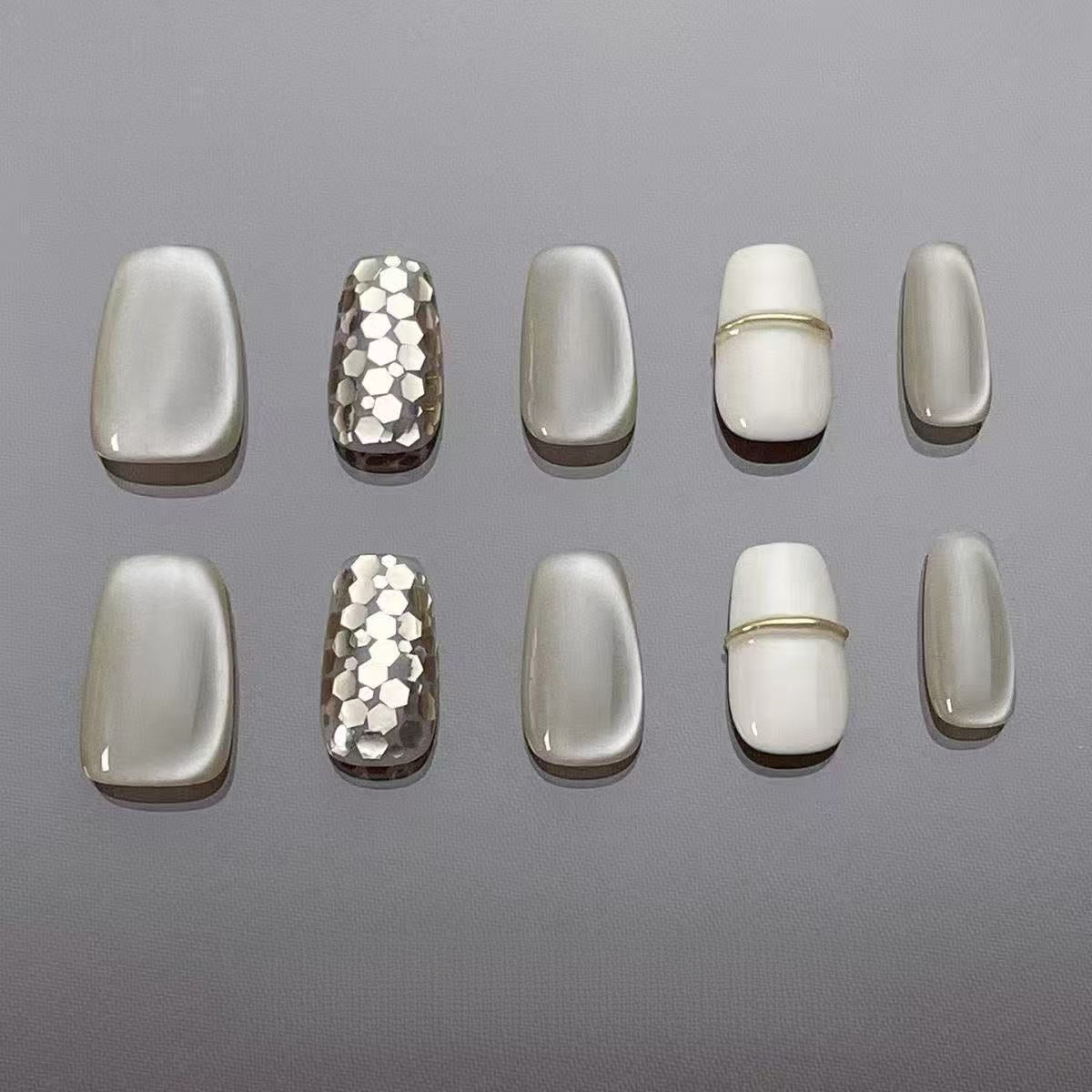 Glitter Cat Eye Milky White 3D Line Nail Art Press On Nails