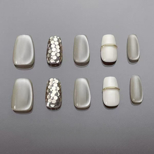 Glitter Cat Eye Milky White 3D Line Nail Art Press On Nails