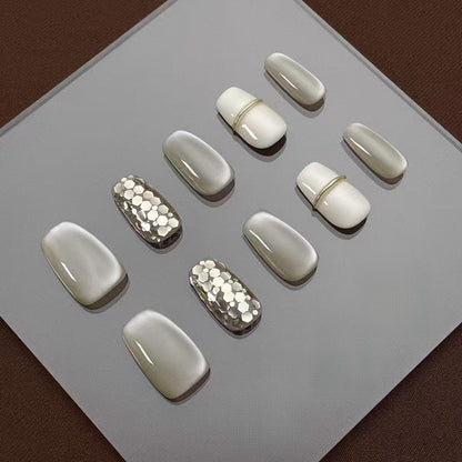 Glitter Cat Eye Milky White 3D Line Nail Art Press On Nails