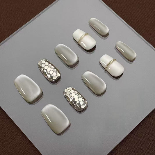 Glitter Cat Eye Milky White 3D Line Nail Art Press On Nails